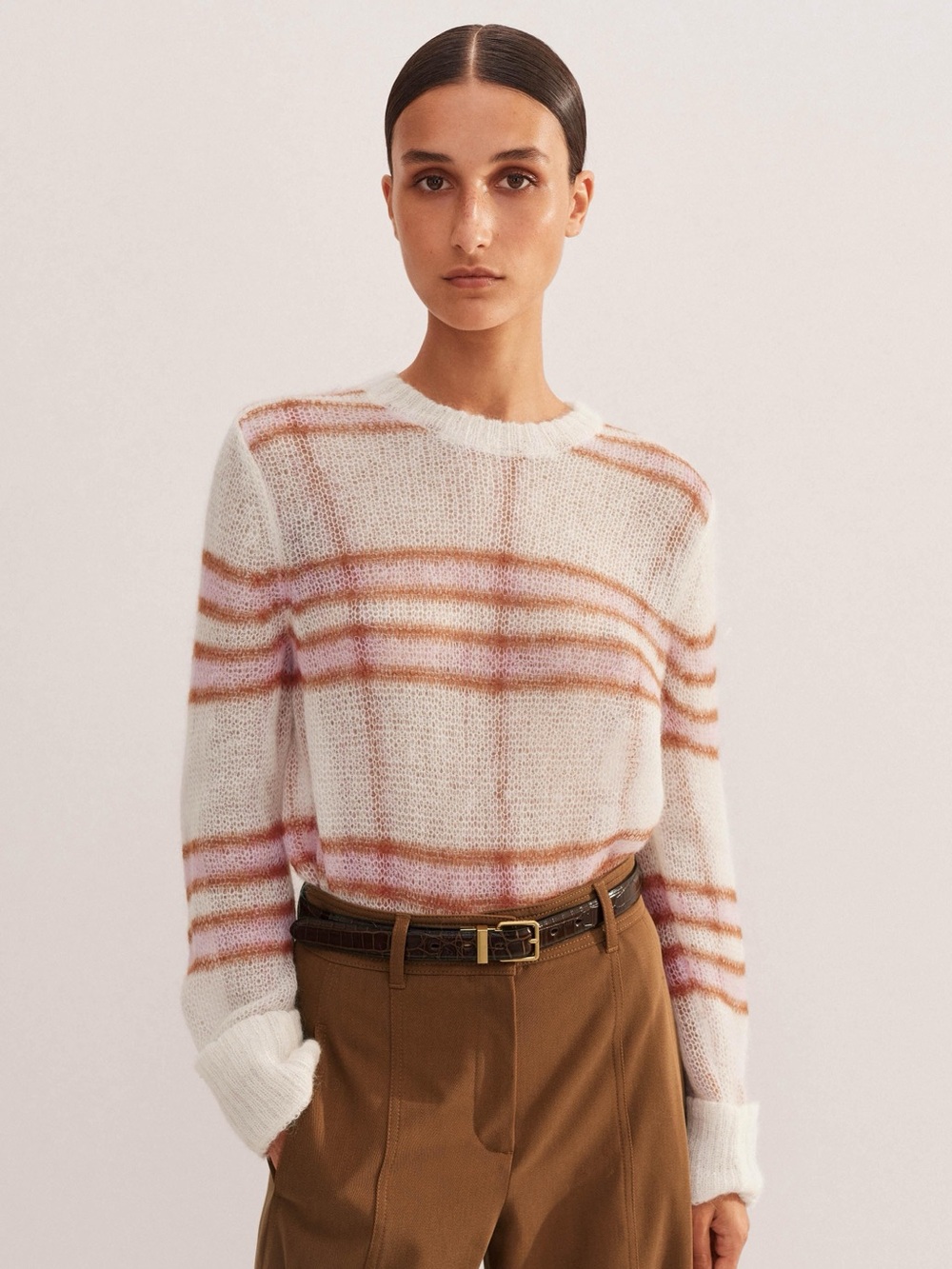 ME+EM Jacquard Ivory Plaid Crewneck Sweater Small